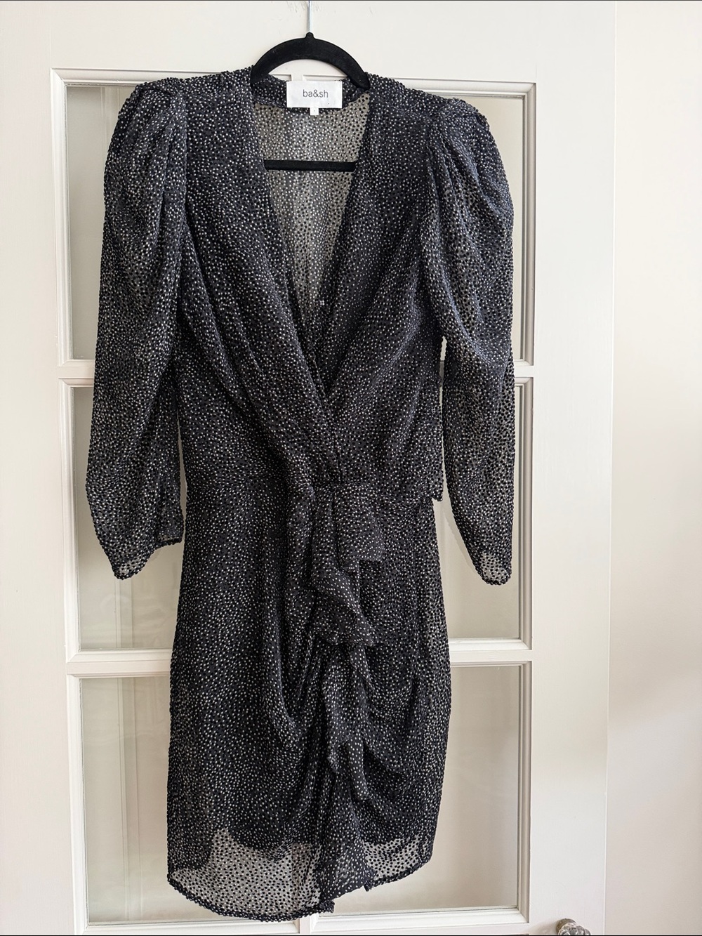 ba&sh Black & White Dotted Wrap-Front Long Sleeve Dress